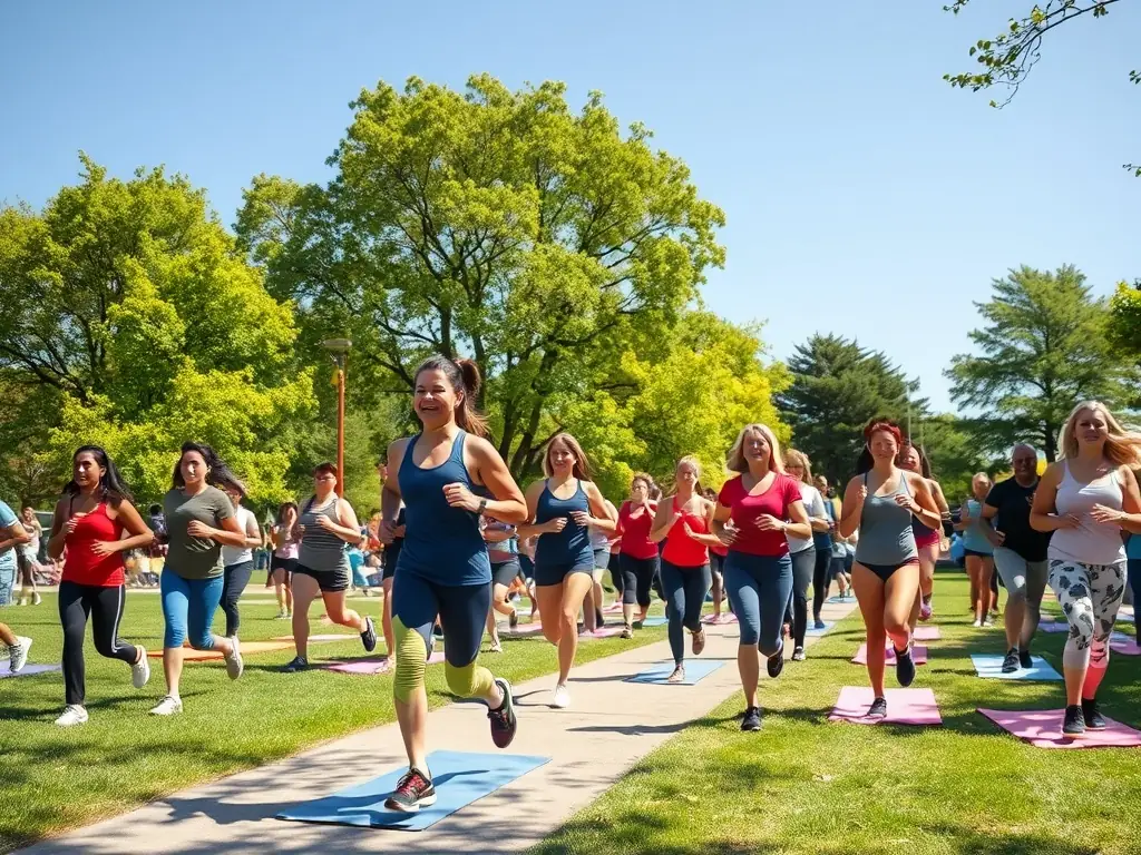 A group of adults participating in a group fitness class in a park, with a focus on promoting health and wellness through accessible exercise programs.