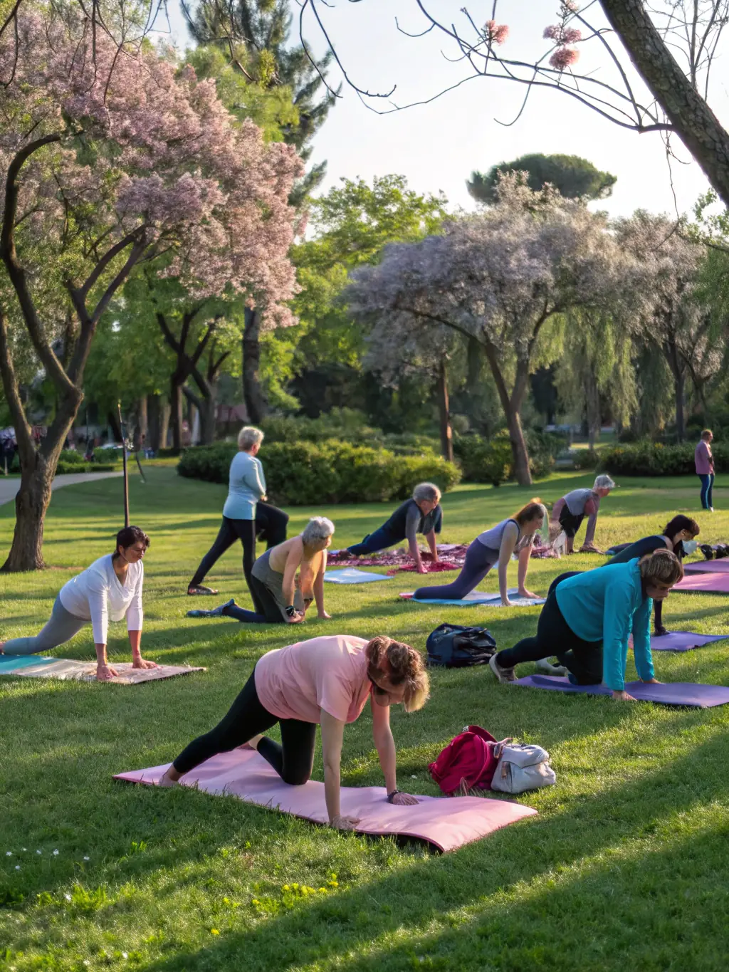 A group of diverse individuals participating in a group fitness class outdoors, smiling and engaged, representing the social connection aspect of EPMM SPORTS POUR TOUS programs.
