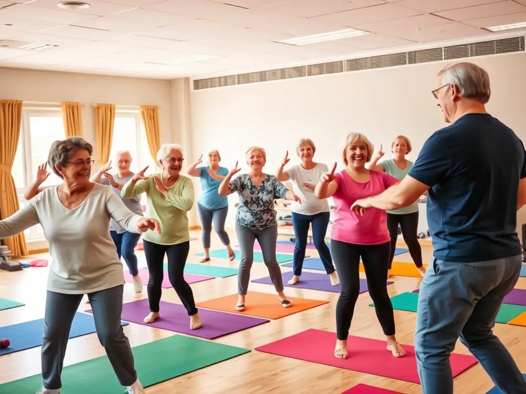 Seniors engaging in a gentle exercise session, emphasizing the importance of maintaining physical activity and social connections in older age at EPMM SPORTS POUR TOUS.