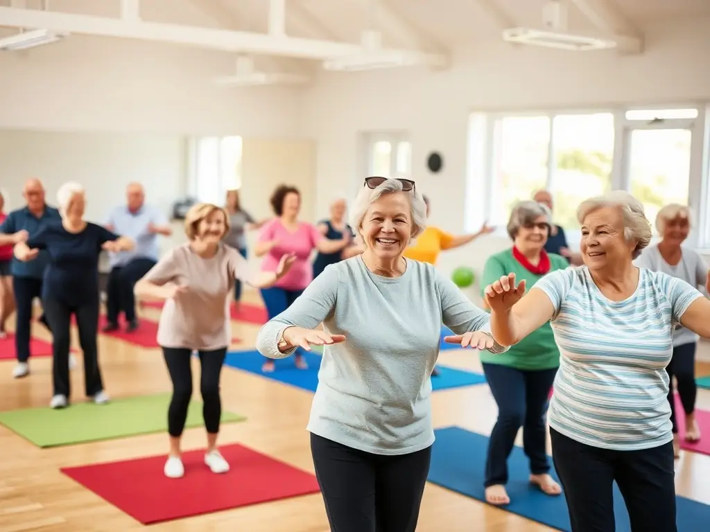 A group of seniors participating in a gentle exercise class, demonstrating the senior fitness program offered by EPMM SPORTS POUR TOUS. The image should convey inclusivity, health, and vitality.