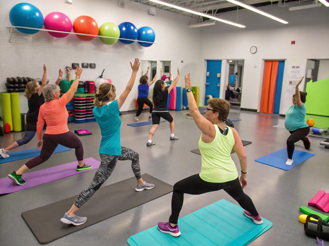A diverse group of adults participating in a group fitness class, highlighting the adult fitness program offered by EPMM SPORTS POUR TOUS. The image should convey community, energy, and inclusivity.