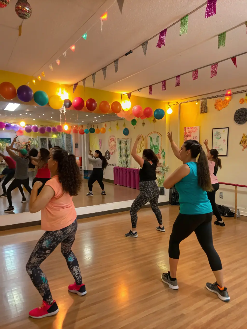 A diverse group of adults participating in a Zumba class, showcasing the variety of adult fitness programs offered by EPMM SPORTS POUR TOUS.