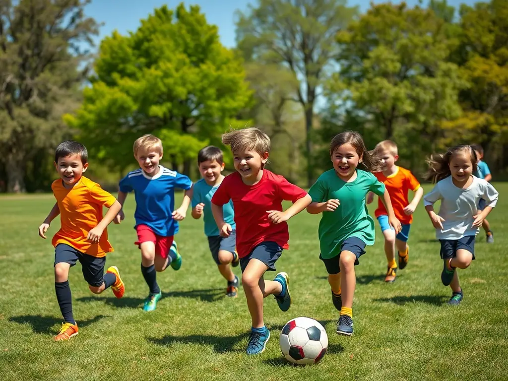 A group of children participating in a soccer training session, showcasing youth sports program offered by EPMM SPORTS POUR TOUS. The image should convey energy, teamwork, and fun.