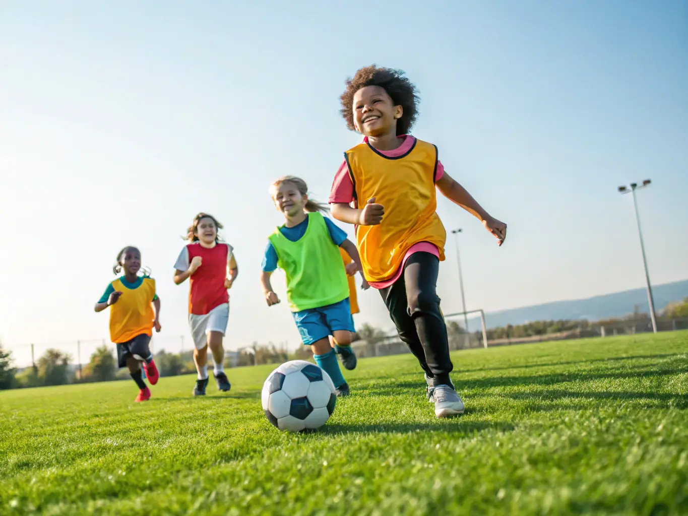 A group of children participating in a fun and active sports program outdoors, with smiling faces and enthusiastic movements, showcasing the joy and energy of youth sports.