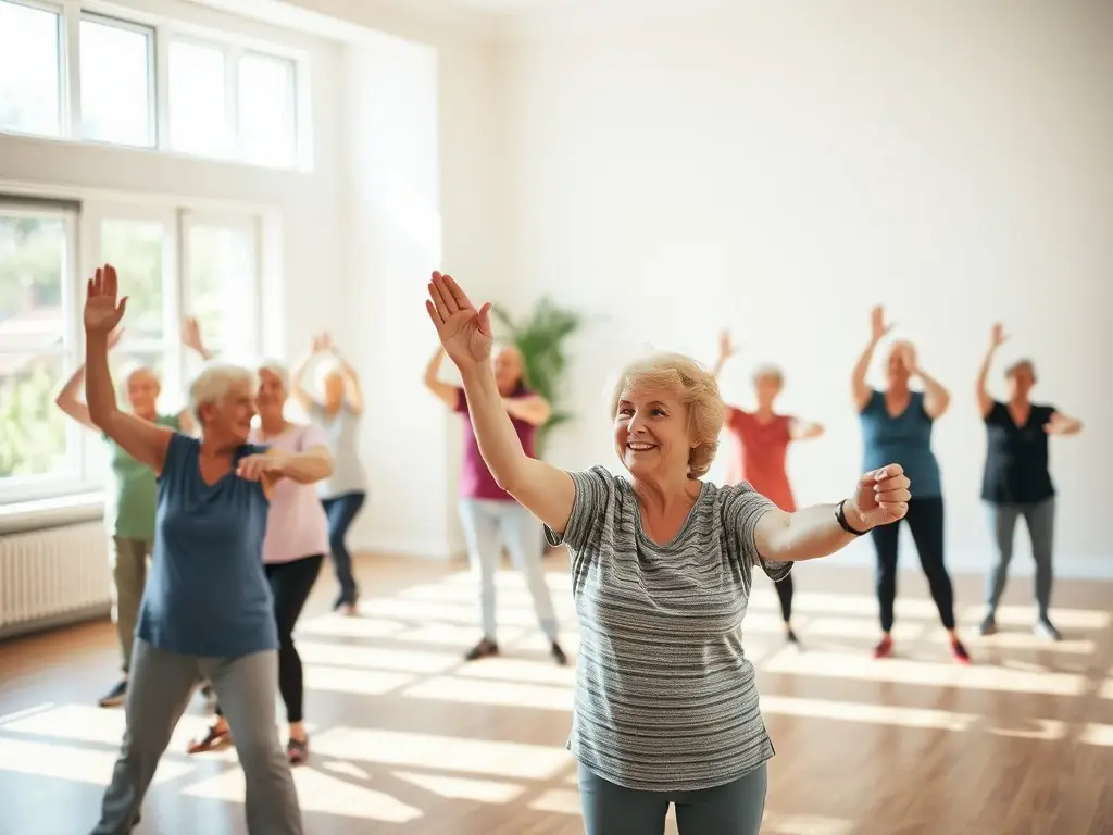 Seniors participating in gentle exercise activities, such as chair yoga or walking, in a community center, emphasizing the importance of staying active and engaged in later life.