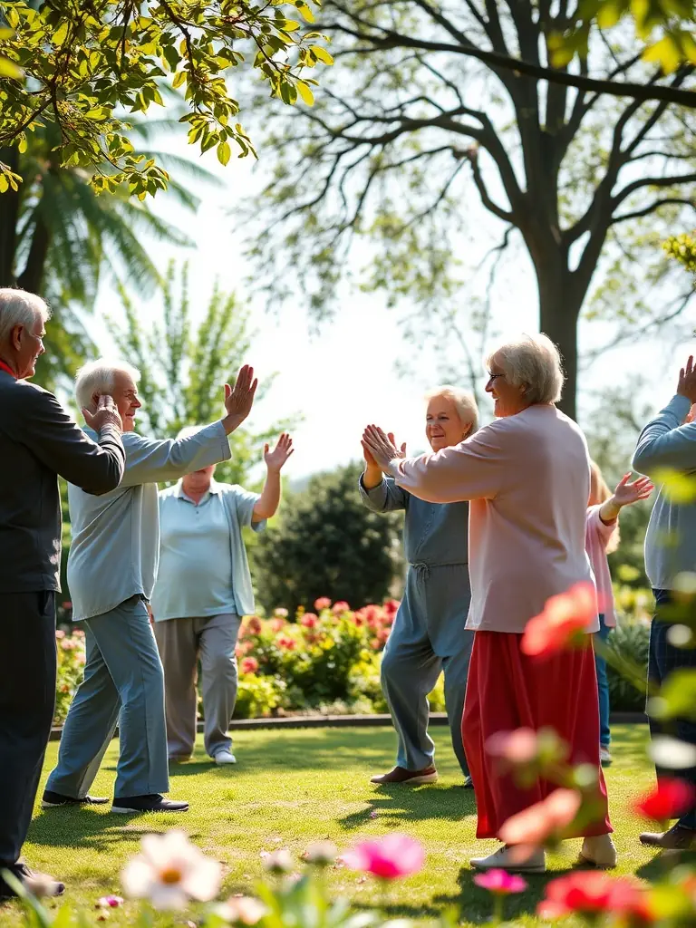 Seniors participating in a gentle exercise class, focusing on mobility and balance, demonstrating the senior-focused programs of EPMM SPORTS POUR TOUS.