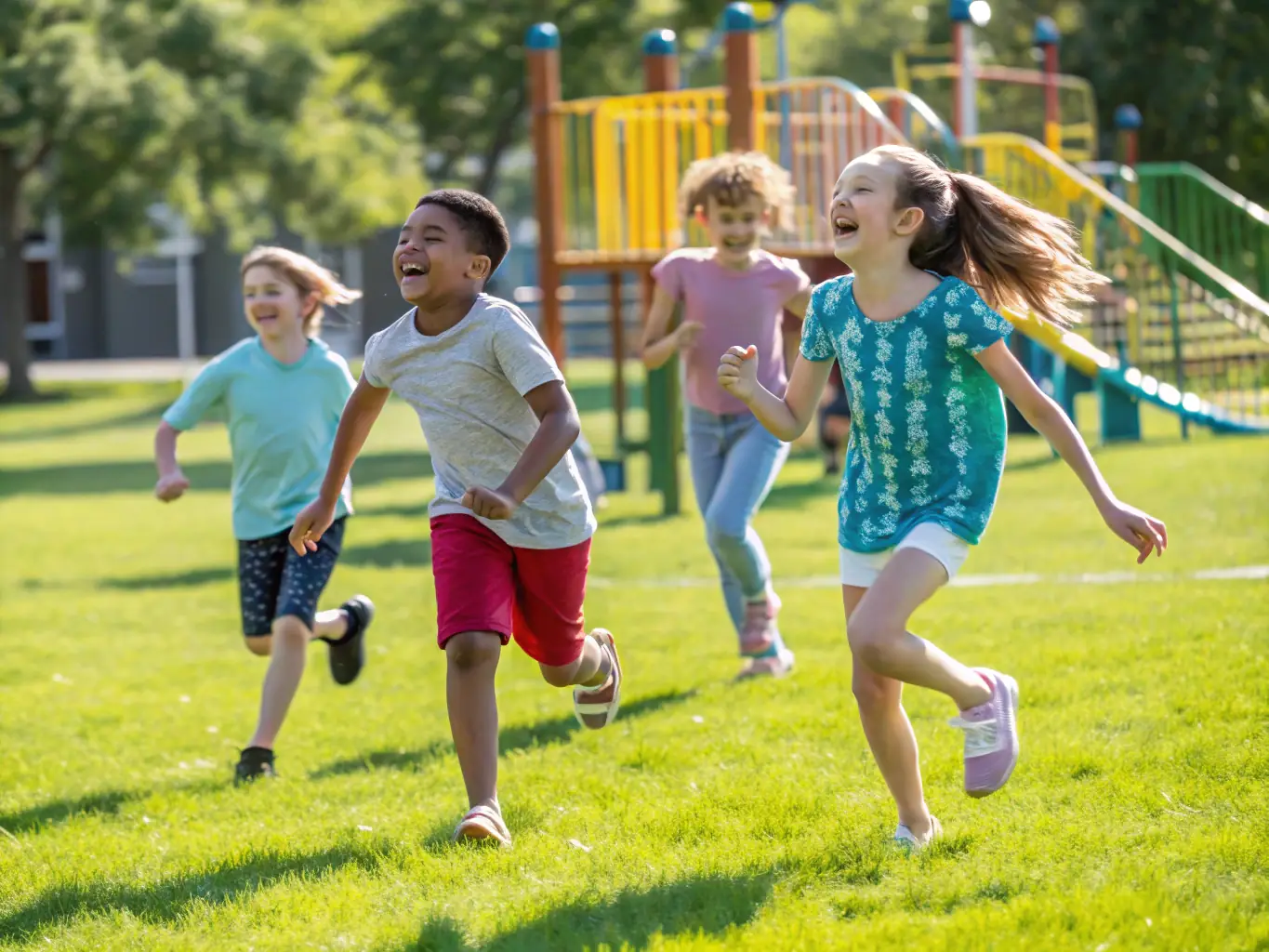 A group of children participating in a fun and engaging sports activity outdoors, showcasing the energy and joy of youth programs at EPMM SPORTS POUR TOUS.