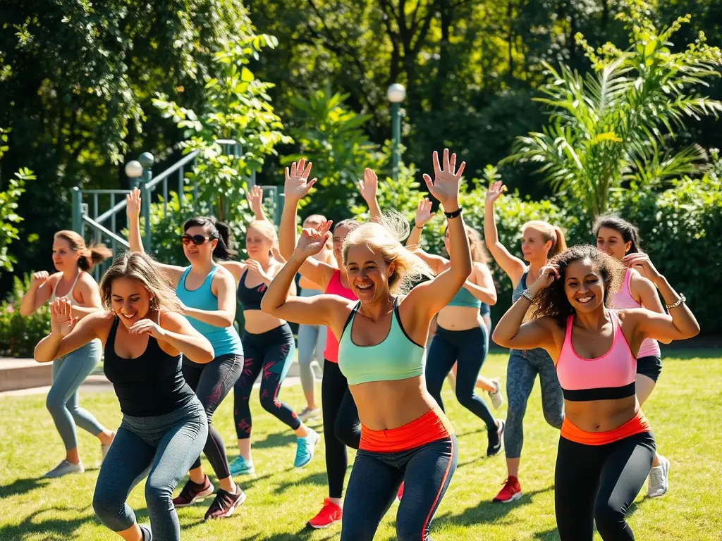 A diverse group of adults participating in a group fitness class, highlighting the inclusivity and health benefits of adult programs at EPMM SPORTS POUR TOUS.