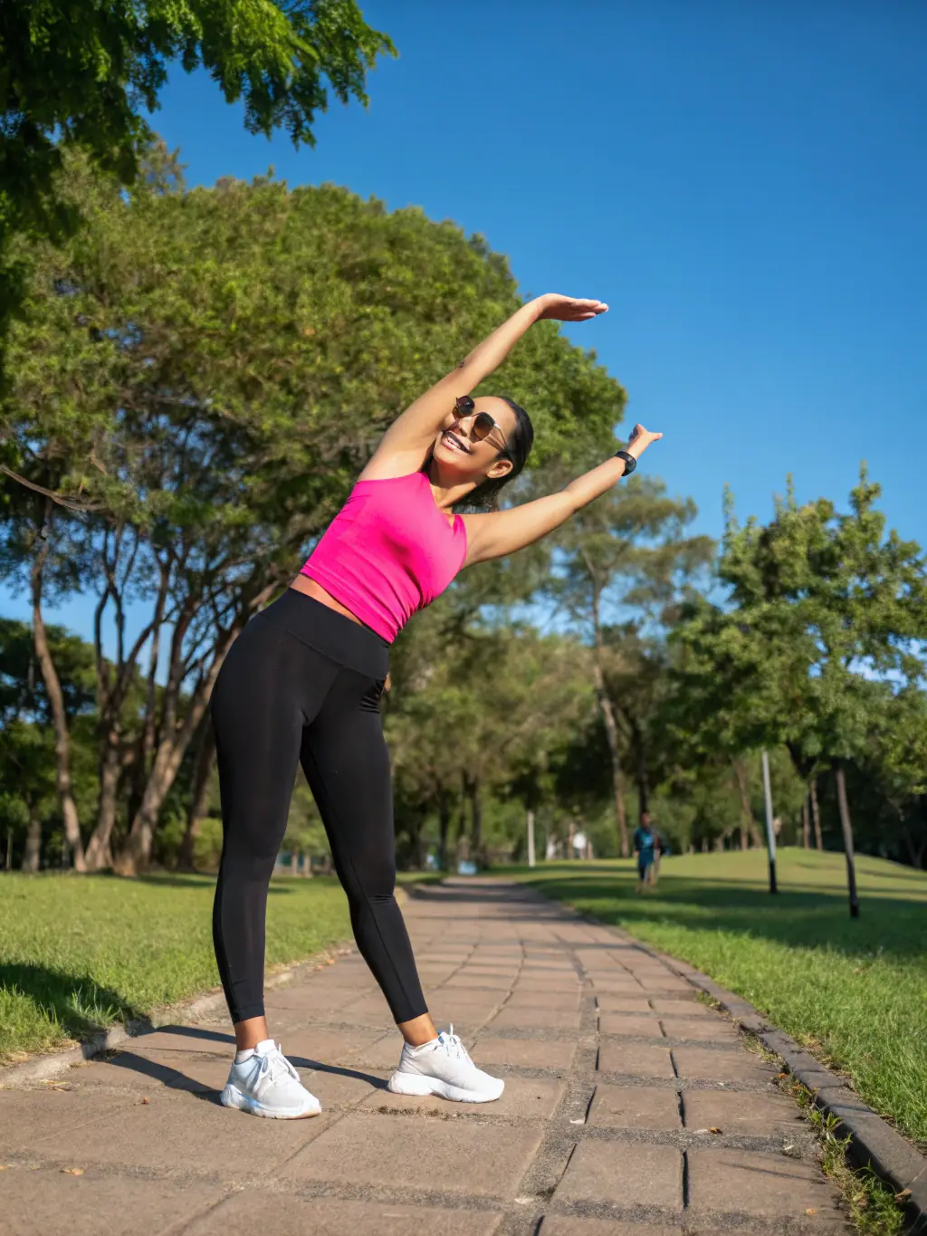 An individual stretching and smiling after a workout, showcasing the physical well-being benefits of regular exercise through EPMM SPORTS POUR TOUS.